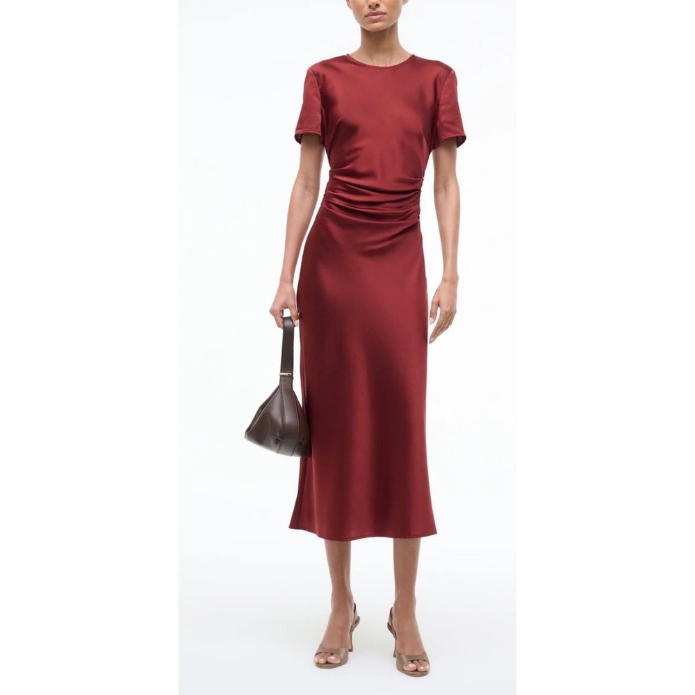 STAUD Burgundy Satin Midi Dress
